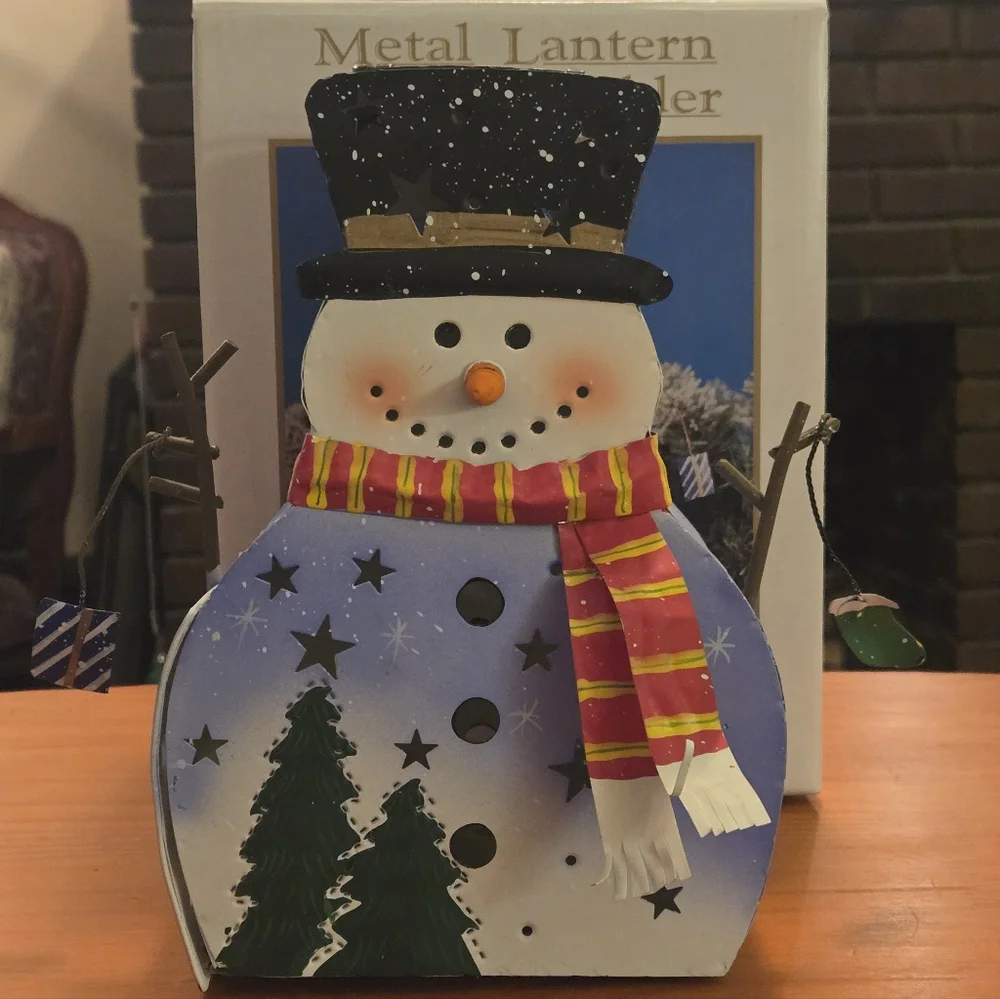 Adorable Metal Colorful Snowman Lantern Votive Holder‎ Christmas Holiday Stars